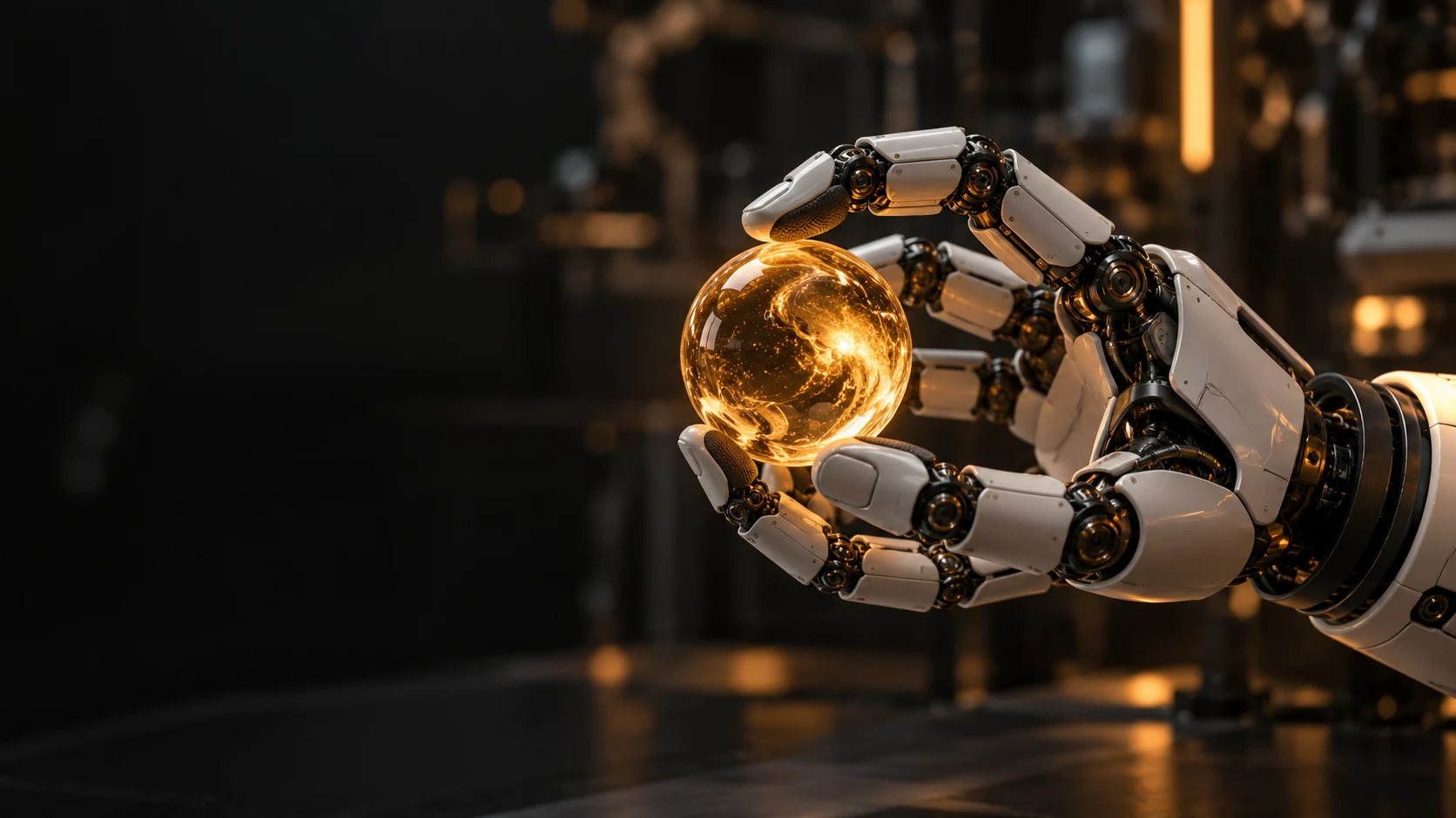 Robotic hand holding a glowing amber sphere